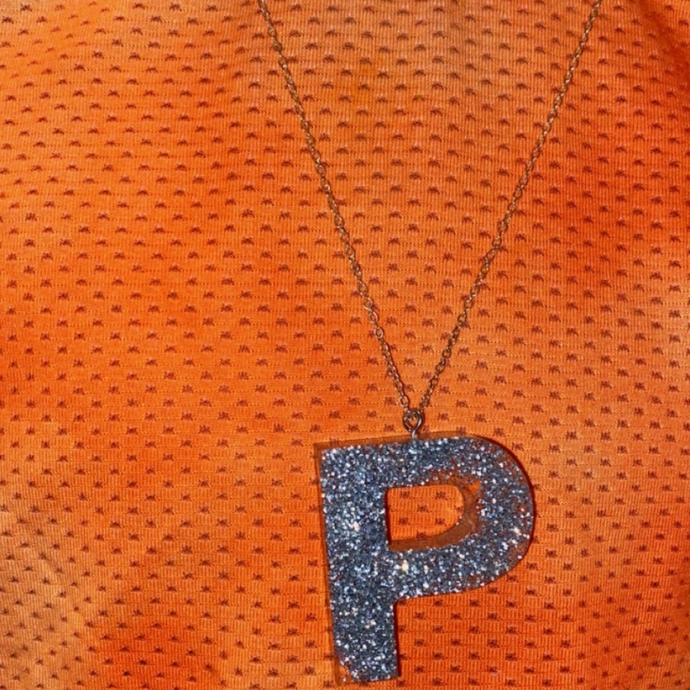 Silver Sparkle Infused Resin Necklace, Letter “P”